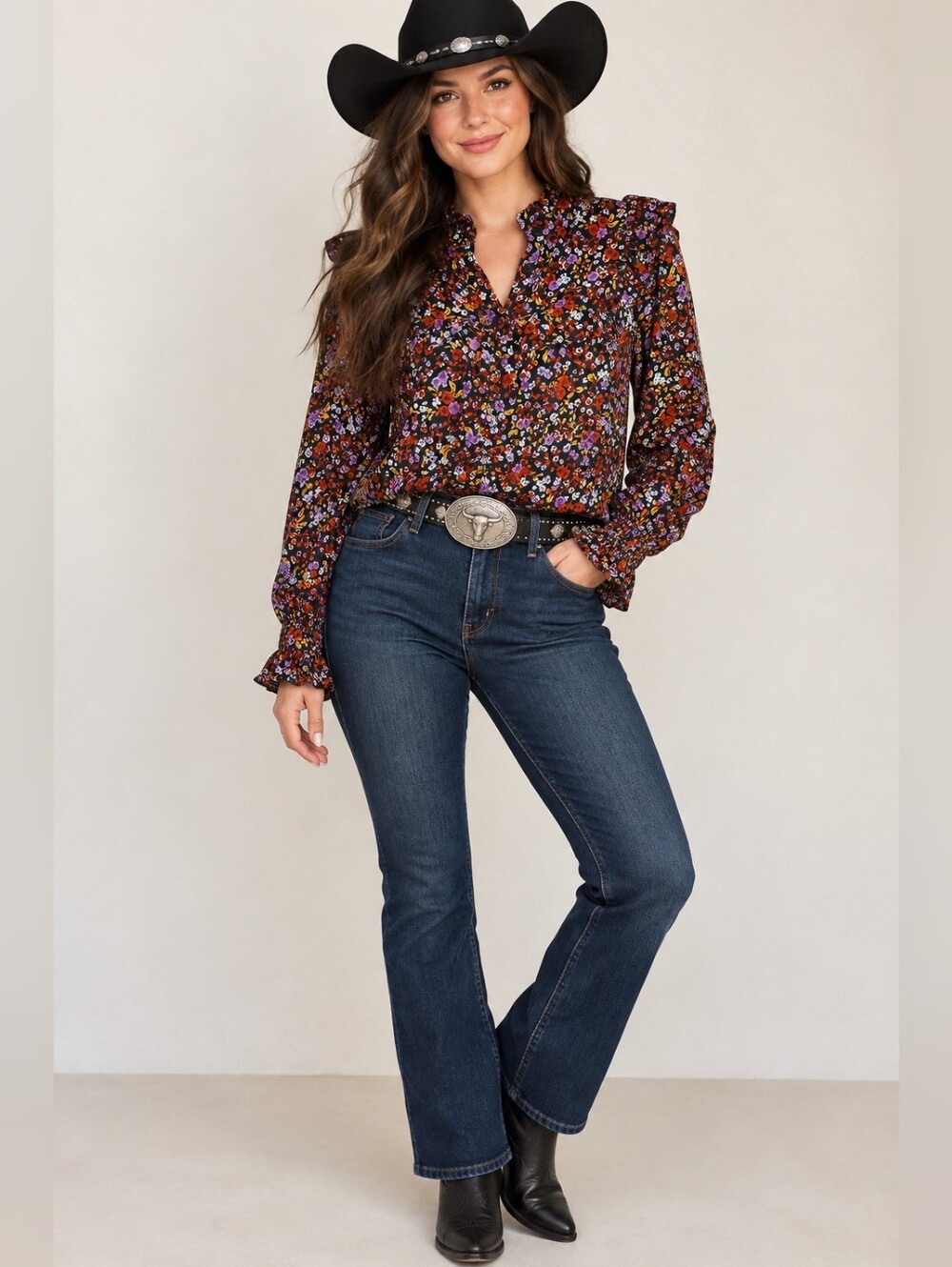 Who What Wear Ditzy Floral Ruffle Blouse Button Front Western Boho-glam SZ:M